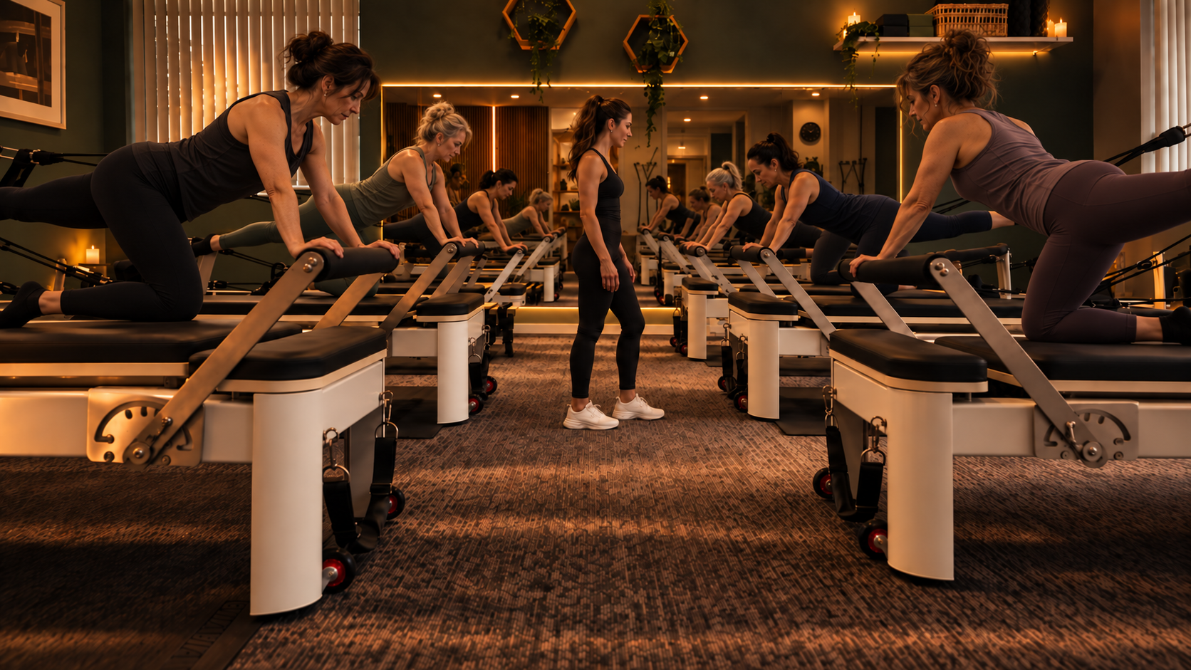 Members in a small reformer class at the studio