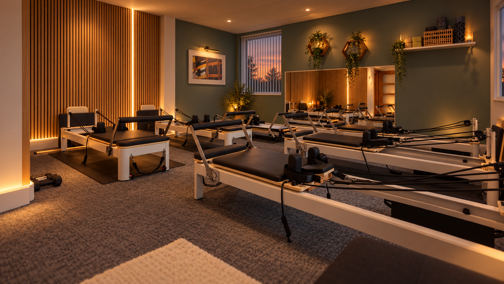 A reformer class in progress in a boutique studio