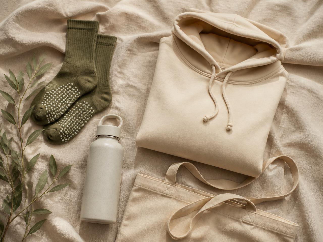 Studio grip socks, hoodie, bottle and tote arranged on linen